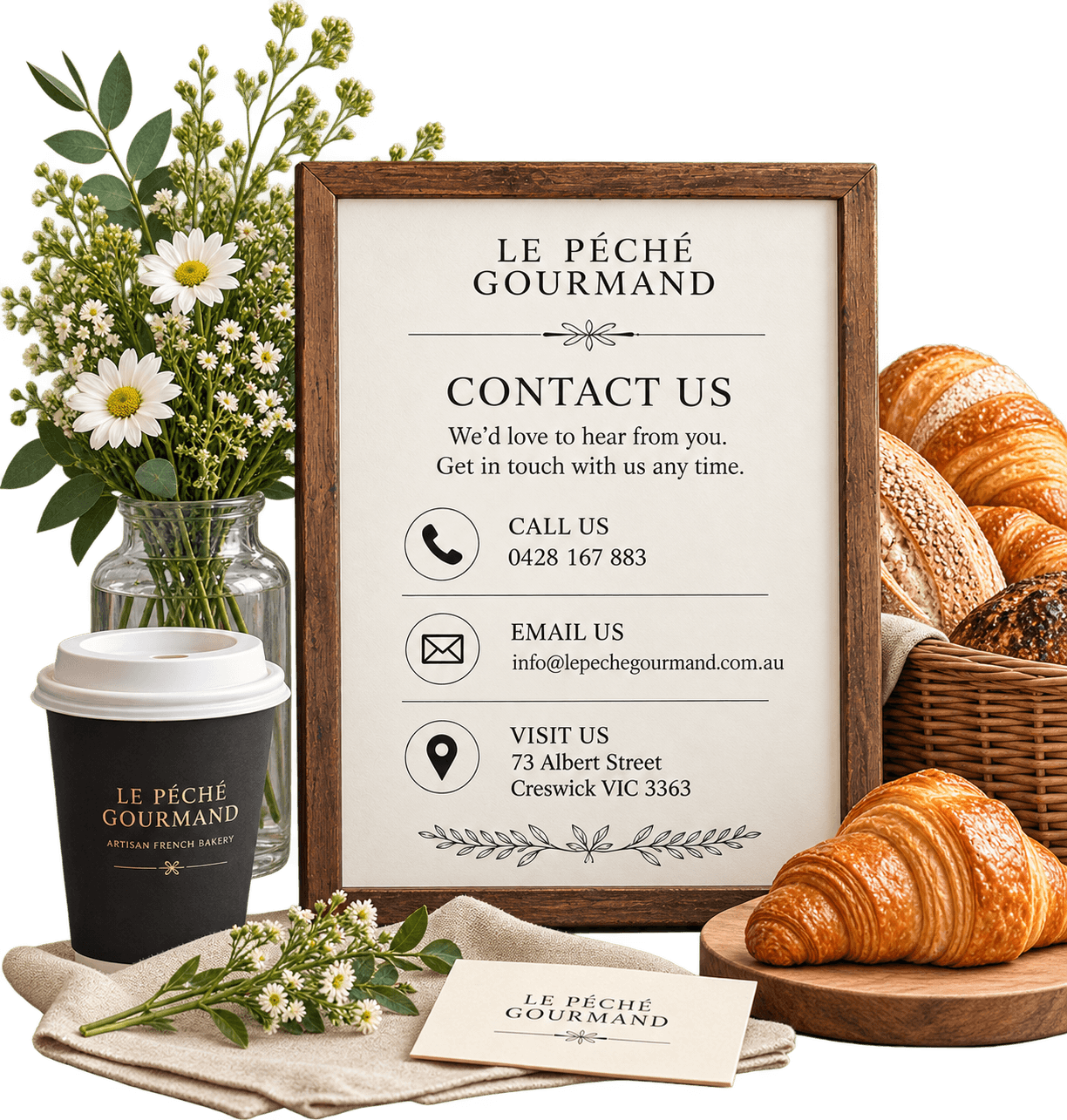 Le Péché Gourmand contact details framed on the counter